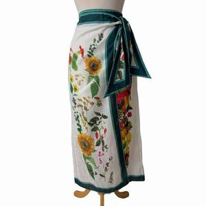 Sunflower Floral Wrap Maxi Skirt Green Botanical Scarf Print Summer Resort Large
